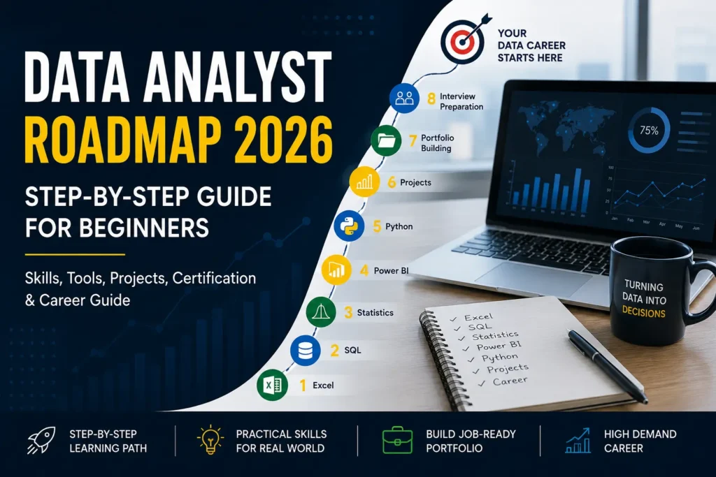 Data Analyst Roadmap 2026 showing step-by-step learning path including Excel, SQL, Statistics, Power BI, Python, projects, portfolio building, and career preparation for beginners.