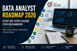 Data Analyst Roadmap 2026 showing step-by-step learning path including Excel, SQL, Statistics, Power BI, Python, projects, portfolio building, and career preparation for beginners.