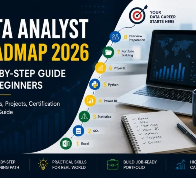 Data Analyst Roadmap 2026 showing step-by-step learning path including Excel, SQL, Statistics, Power BI, Python, projects, portfolio building, and career preparation for beginners.