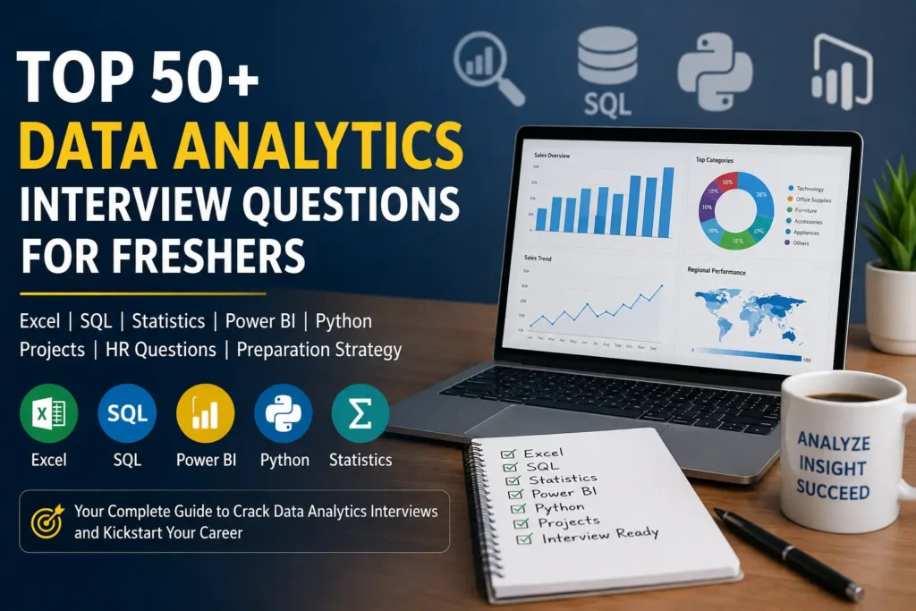 Top Data Analytics Interview Questions for Freshers covering Excel, SQL, Power BI, Python, Statistics and interview preparation strategies in 2026