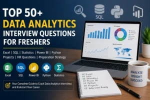 Top Data Analytics Interview Questions for Freshers covering Excel, SQL, Power BI, Python, Statistics and interview preparation strategies in 2026