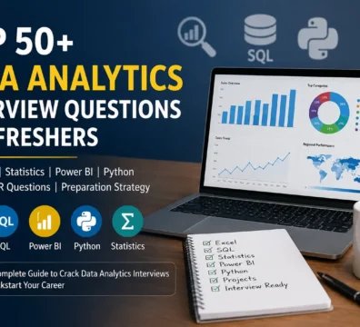 Top Data Analytics Interview Questions for Freshers covering Excel, SQL, Power BI, Python, Statistics and interview preparation strategies in 2026
