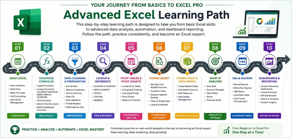 Advanced Excel Learning Path showing the step-by-step roadmap covered in C-Cube's Advanced Excel Training in Kolkata, from basic Excel to dashboards, Power Query, Power Pivot, VBA, and professional reporting.
