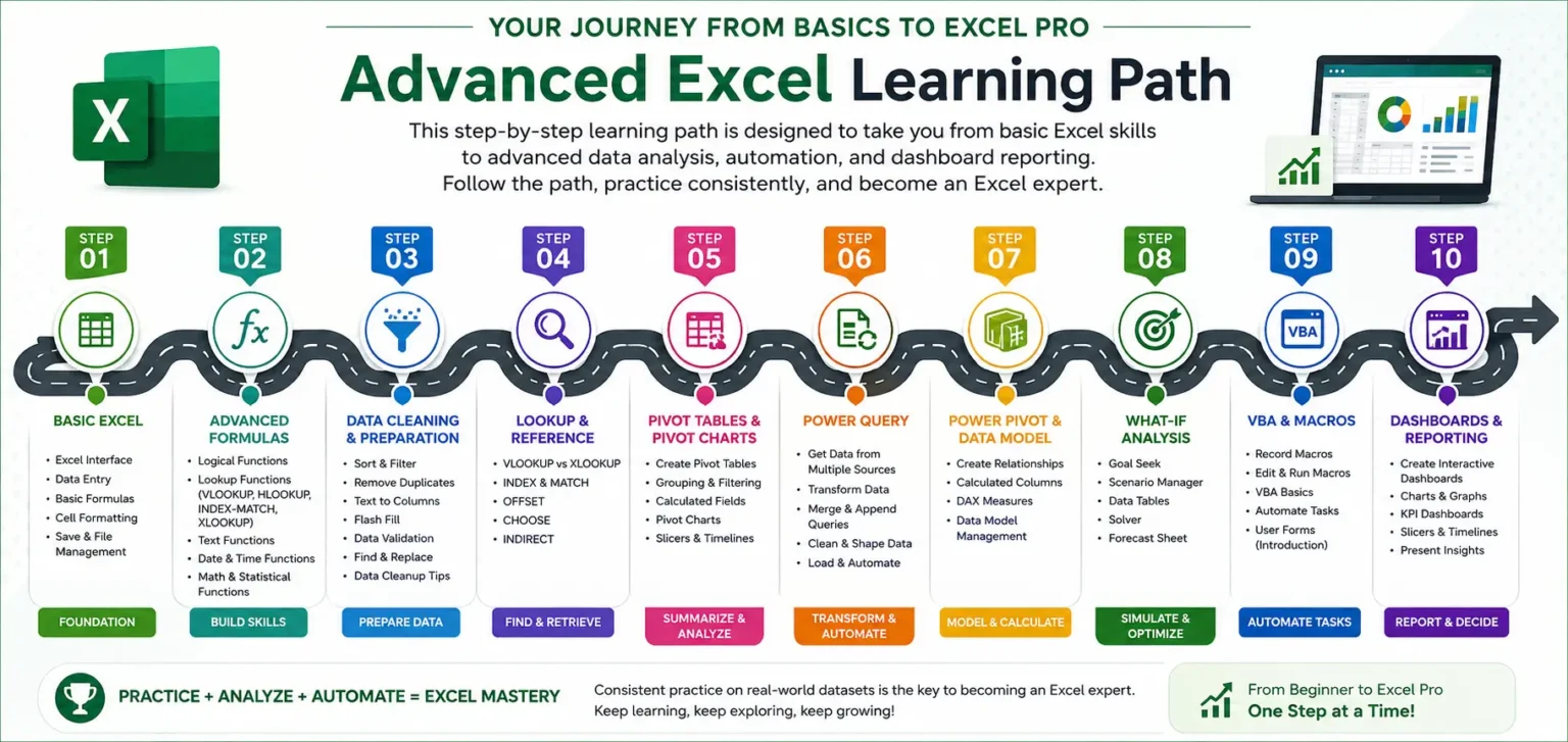 Advanced Excel Learning Path showing the step-by-step roadmap covered in C-Cube's Advanced Excel Training in Kolkata, from basic Excel to dashboards, Power Query, Power Pivot, VBA, and professional reporting.