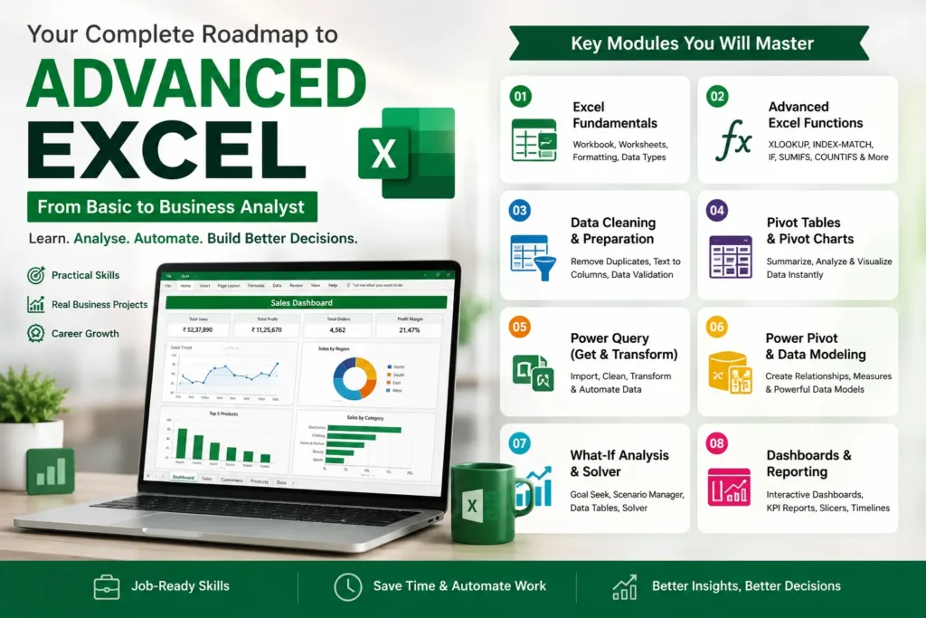 Advanced Excel Training in Kolkata learning roadmap showing Excel functions, Pivot Tables, Power Query, Power Pivot, dashboards, data analysis, and business reporting skills.