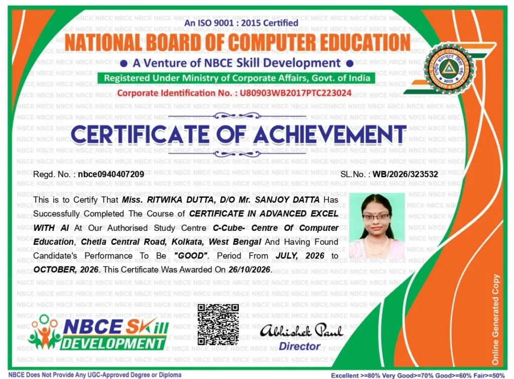 NBCE certification for Advanced Excel with AI training in Kolkata