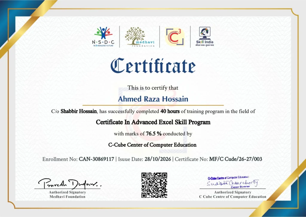 Certification from NSDC,Skill India for Advanced Excel Course Kolkata