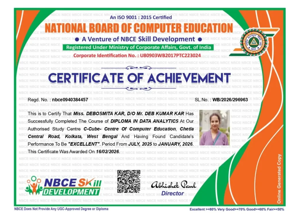Certificate for completion of the Data Analytics training programme